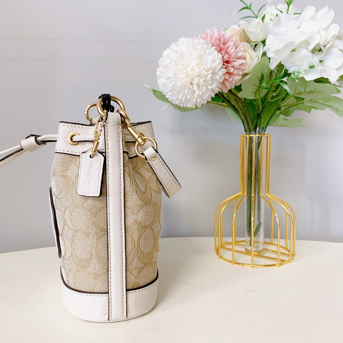 Coach C8322 Mini Dempsey Bucket Bag In Signature Jacquard In Light Khaki Chalk Coach C8322 Mini Dempsey Bucket Bag In Signature Jacquard In Light Khaki Chalk